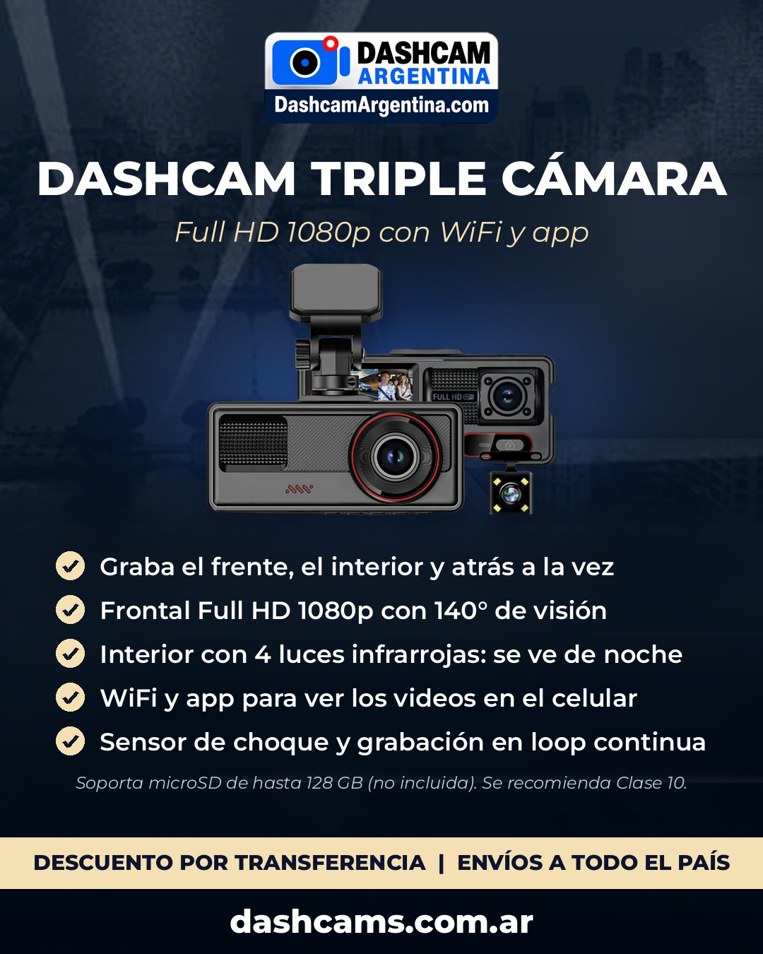 Dash Cam Triple Cámara 1080P