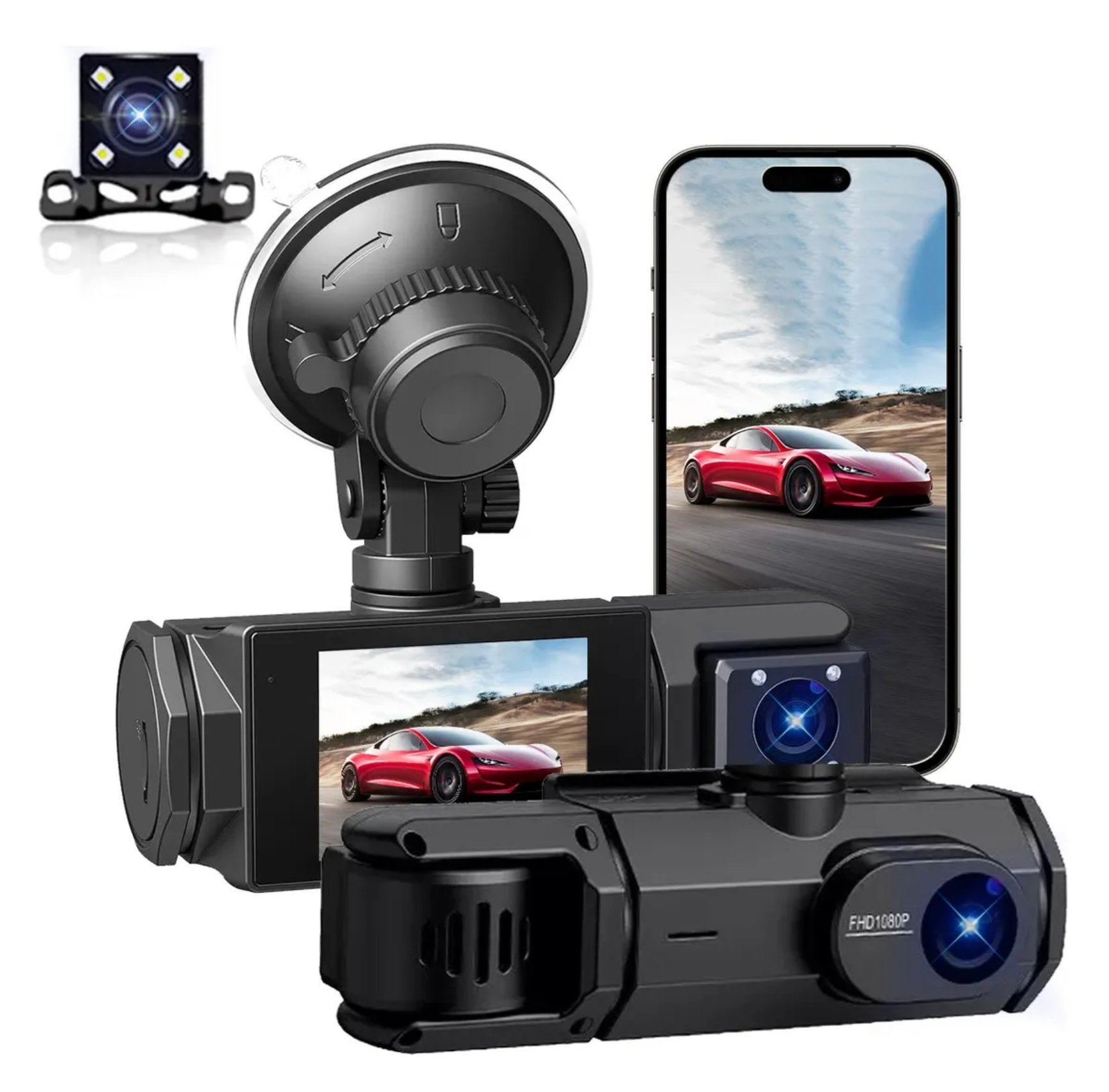 Dashcam 3 Canales 1080P - Cámara frontal trasera interior con WiFi y sensor G